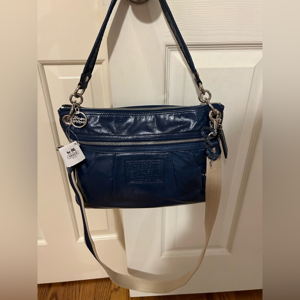 Authentic Coach Poppy Blue Glazed Leather Crossbody Hipster Shoulder Bag Purse